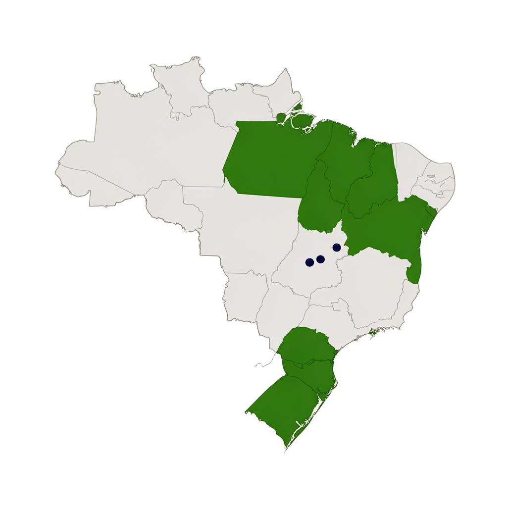 Mapa do Brasil destacando Minas Gerais, São Paulo e Bahia